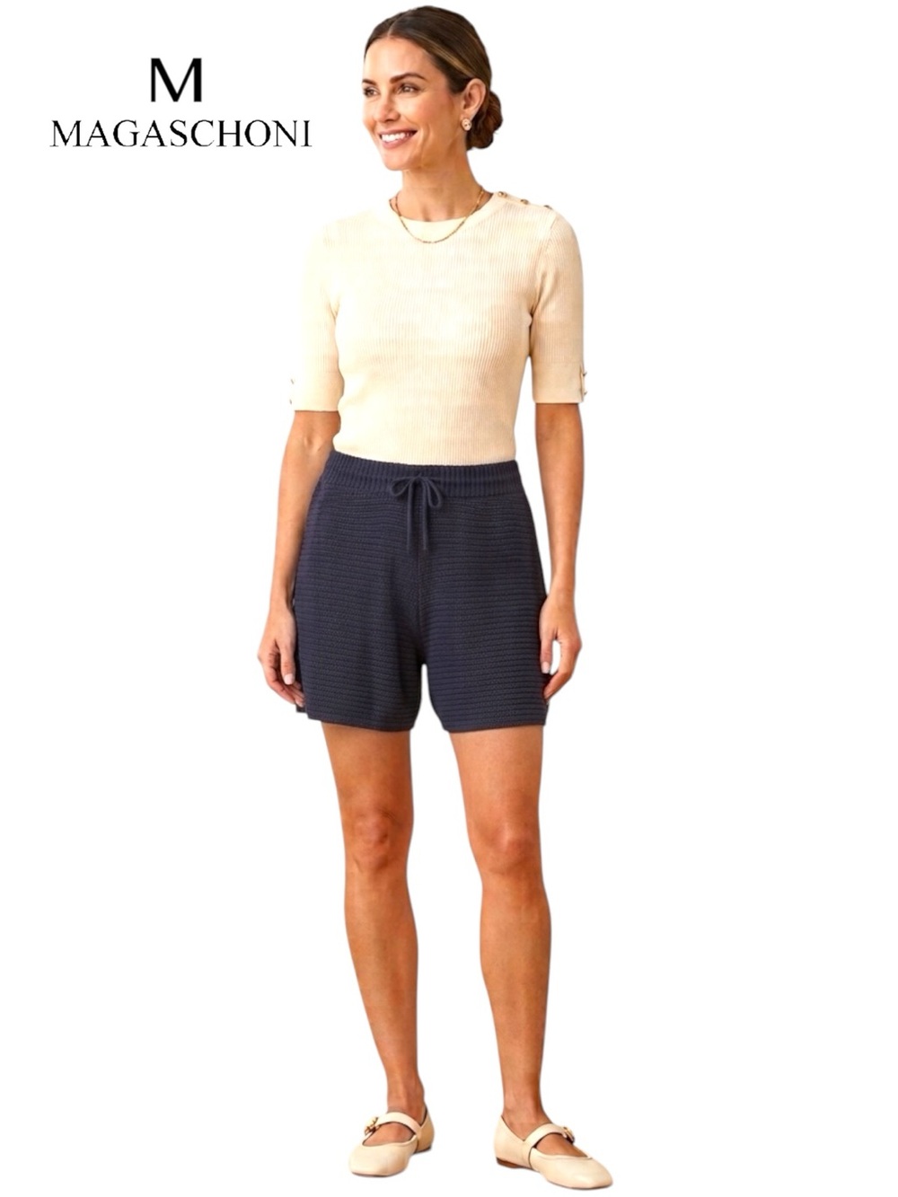 Magaschoni Ribbed Knit Sweater Drawstring Shorts Navy Blue NWT